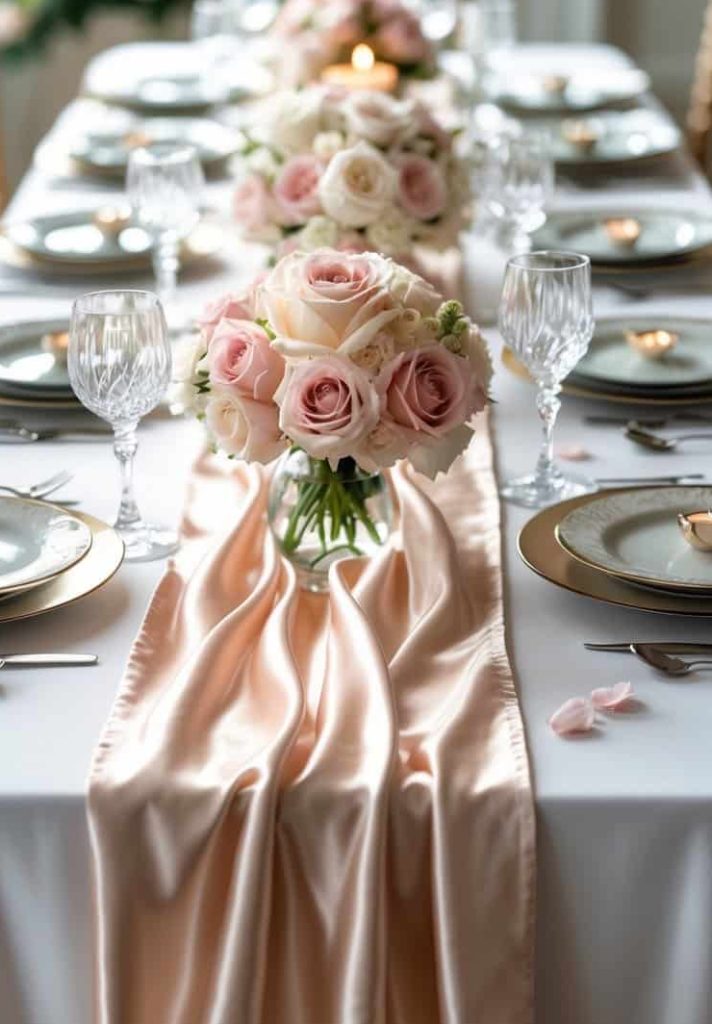 A formal dining table is set with elegant plates, glassware, and gold accents. Pink and white rose flower arrangements and a satin table runner decorate the center.