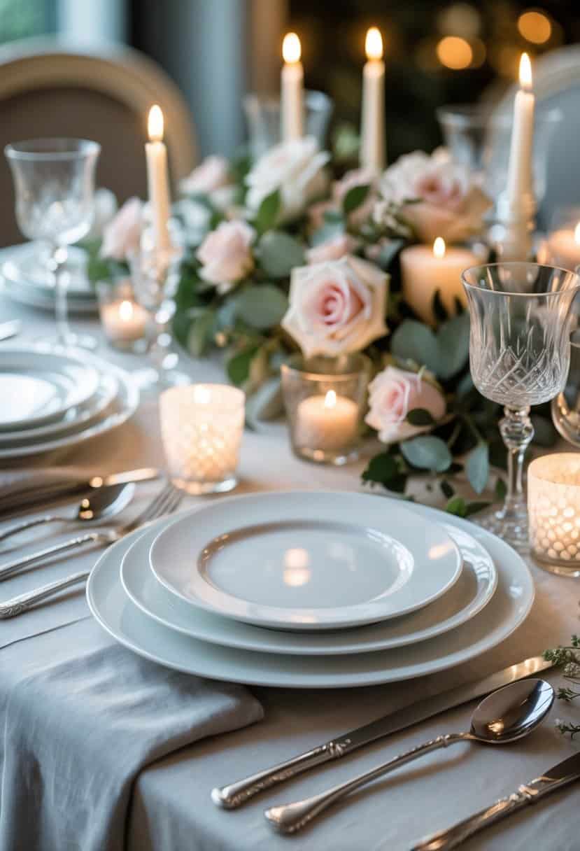 A dining table set with white porcelain plates, candles, flowers, glassware, and silverware arranged for a romantic meal.