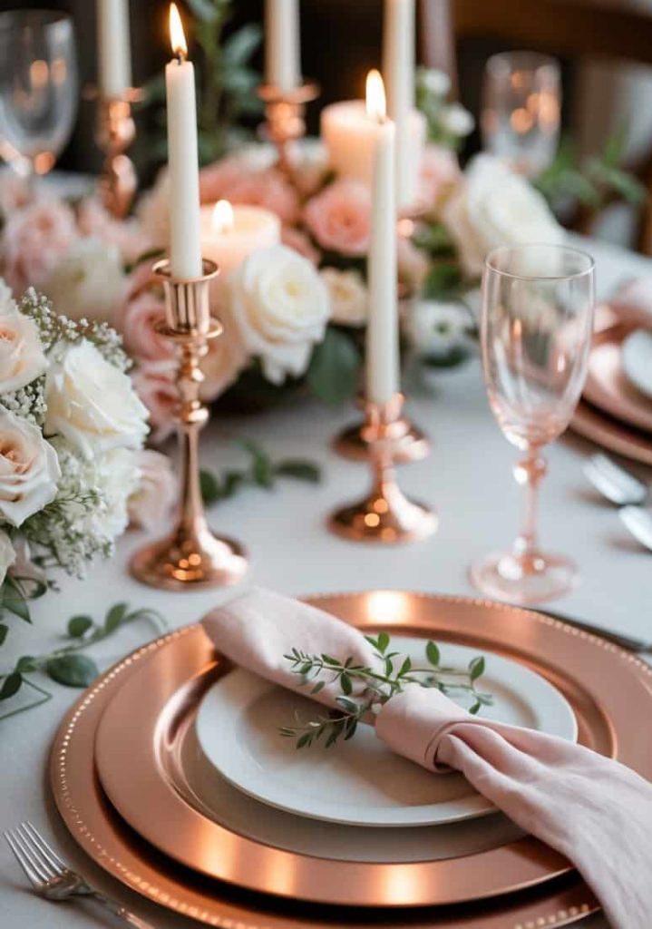 A table set with rose gold plates, pink napkins, glassware, and lit candles, decorated with white and blush flowers and greenery.