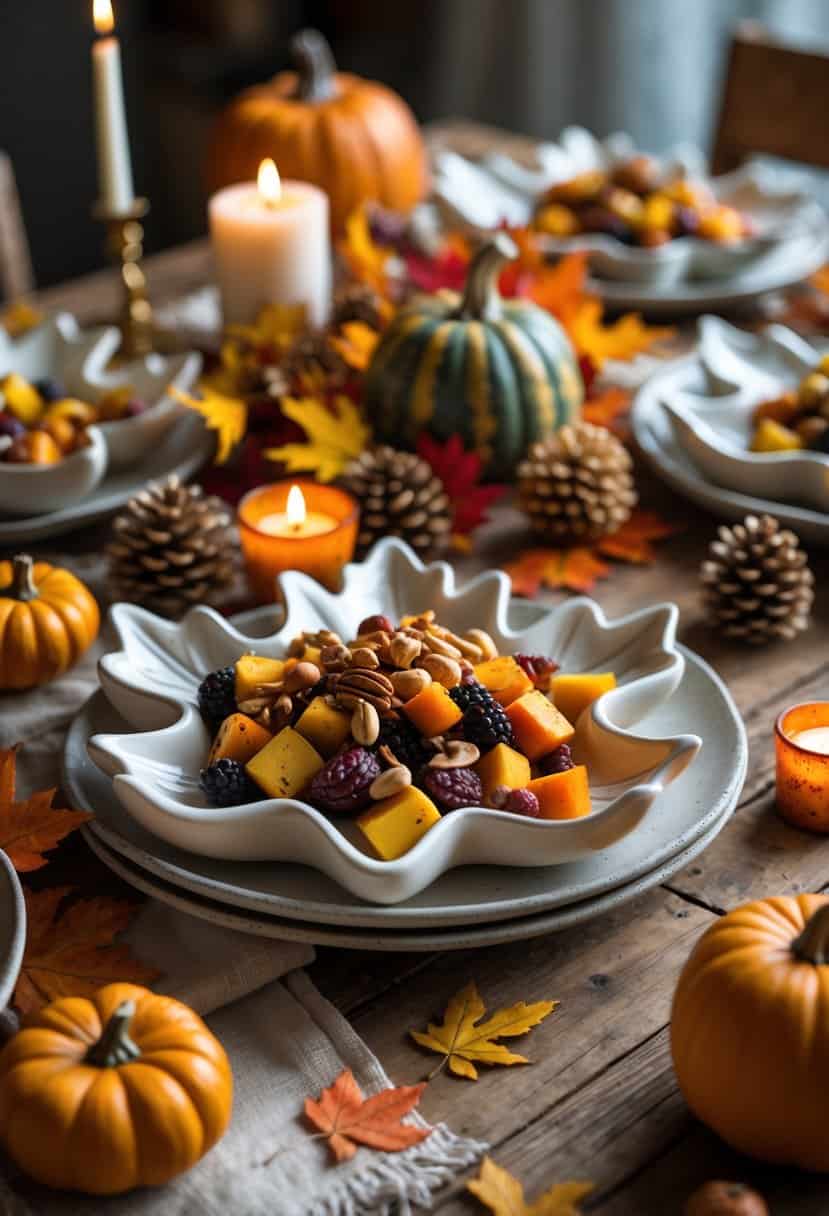 A harvest table setting with maple leaf-shaped ceramic dishes surrounded by autumn decorations and seasonal foods on a wooden table.
