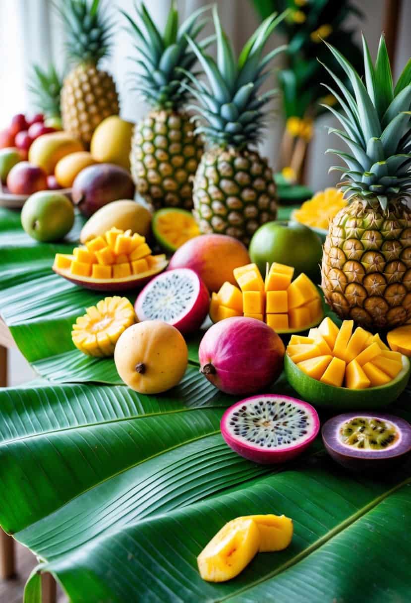 A table with various tropical fruits arranged on large banana leaves.