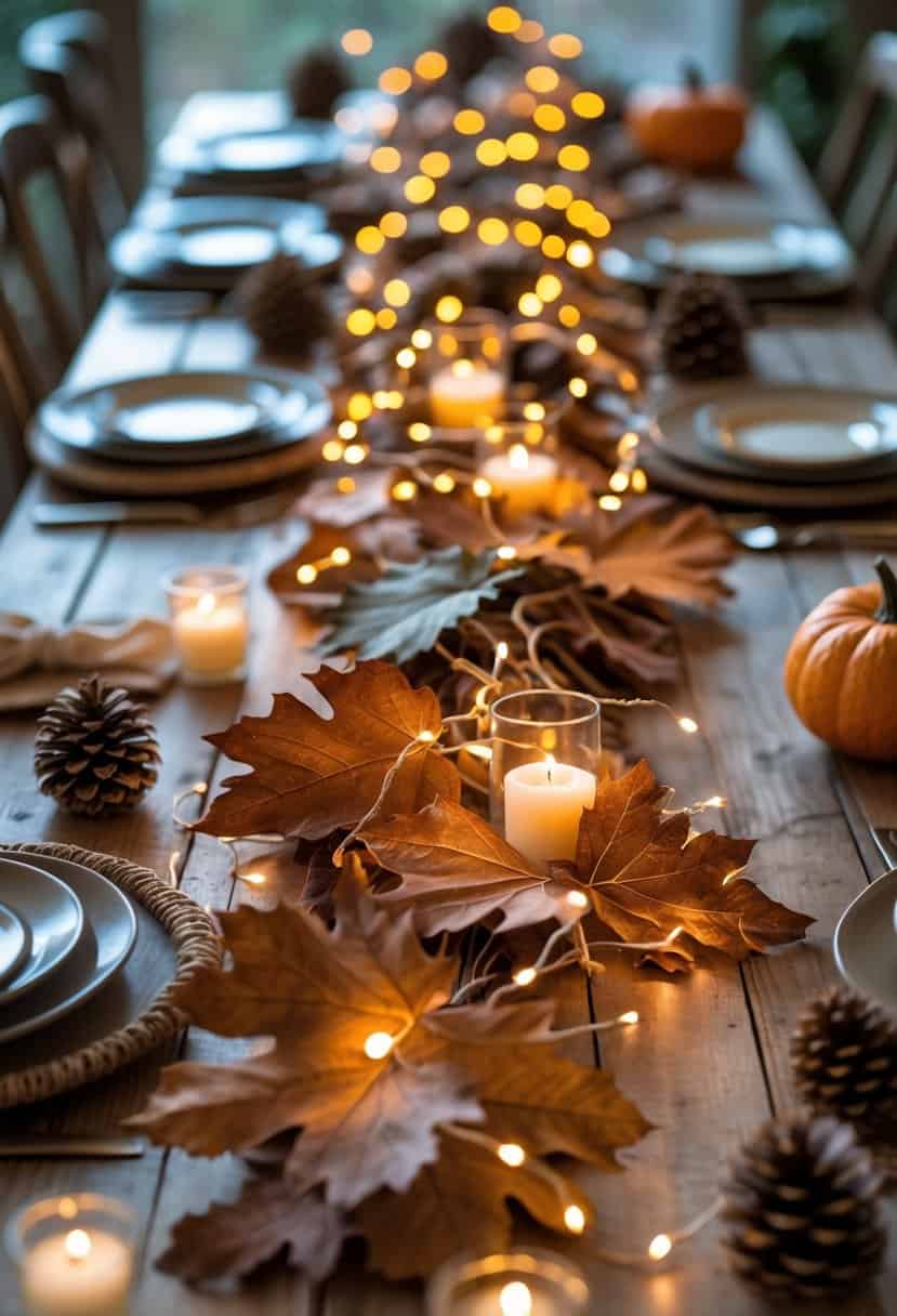 A rustic wooden table decorated with a garland of pressed autumn leaves and warm fairy lights, surrounded by pumpkins, pinecones, and candles.