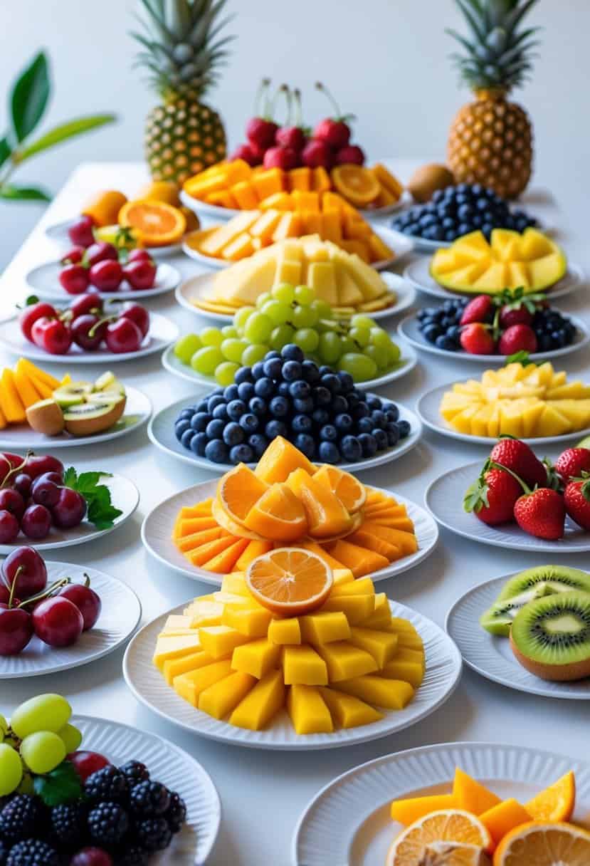 A table with several plates of fresh fruits arranged in a rainbow color order from red to purple.