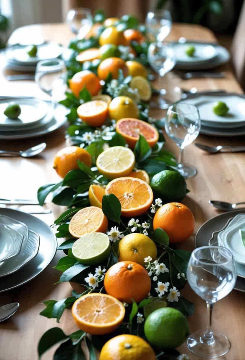 A dining table decorated with a long garland of fresh citrus fruits and green leaves running down its center, surrounded by plates and glassware.