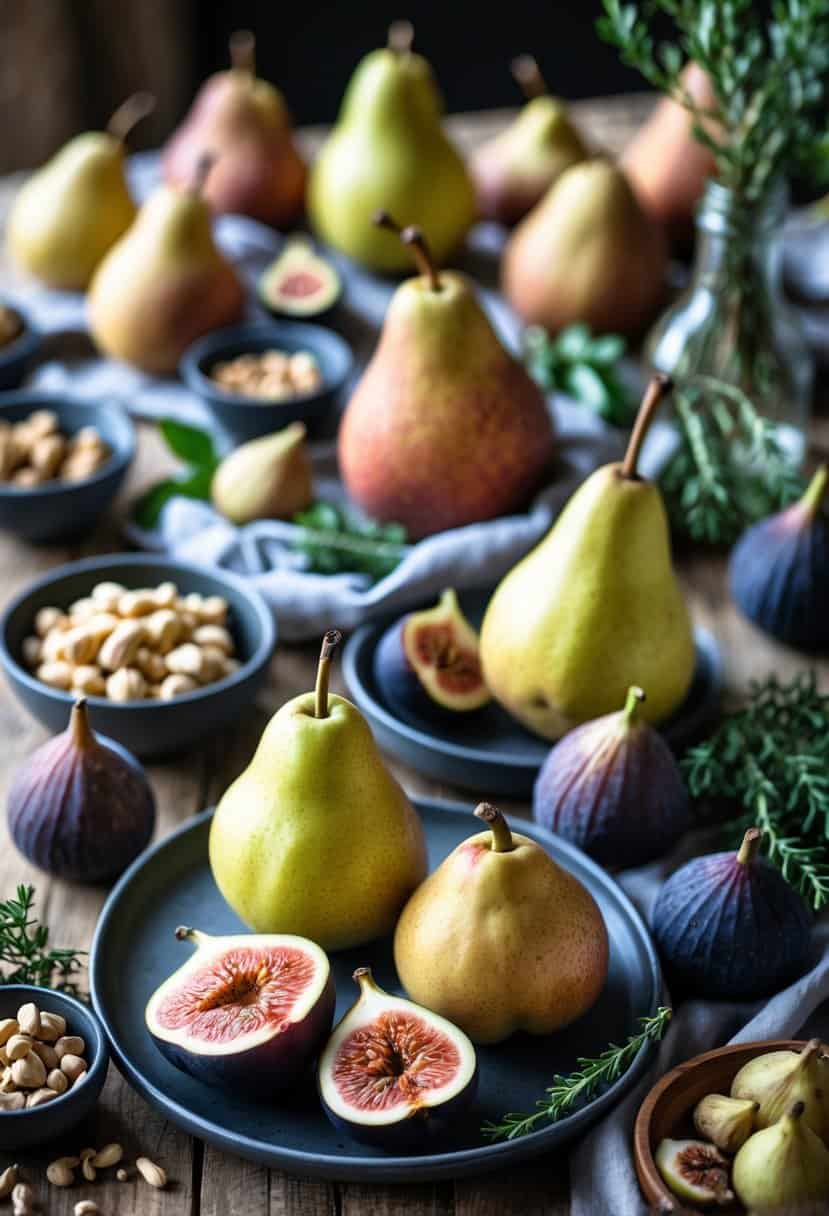 A table set with fresh pears and figs arranged alongside bowls of nuts and herbs, creating a colorful and inviting fruit display.