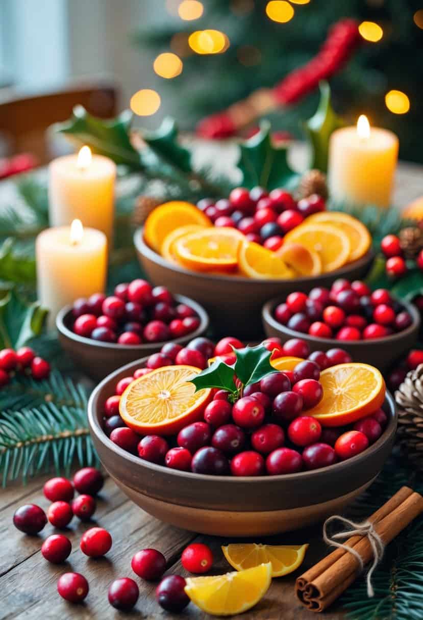 A holiday table decorated with cranberries, orange and lemon slices, pine branches, holly, and cinnamon sticks, softly lit with candles.
