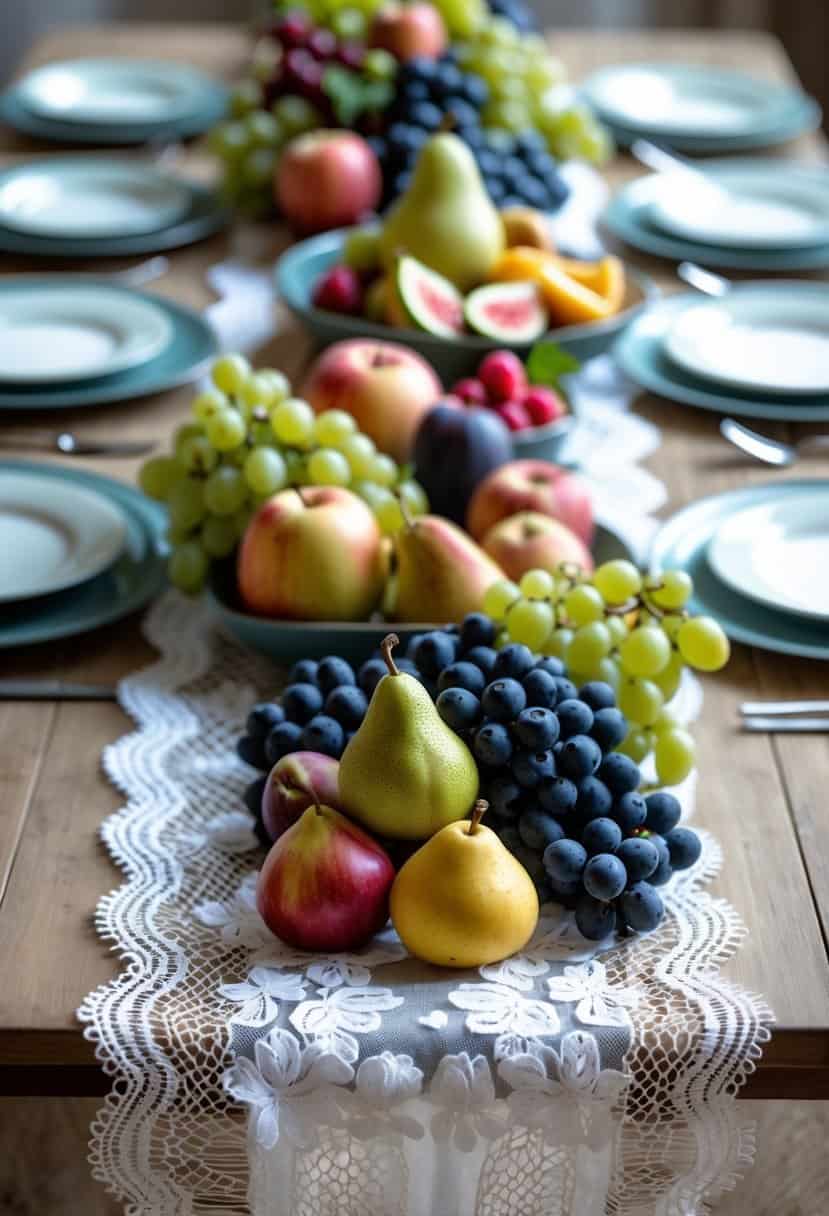 A table with a lace runner decorated with an arrangement of fresh fruits including grapes, apples, pears, figs, and berries.