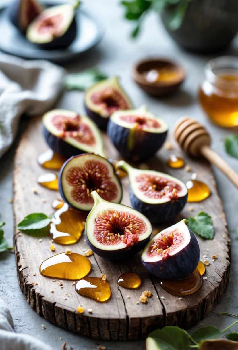 Close-up of sliced figs on a wooden board with honey drizzled on top, arranged on a table with soft natural lighting.