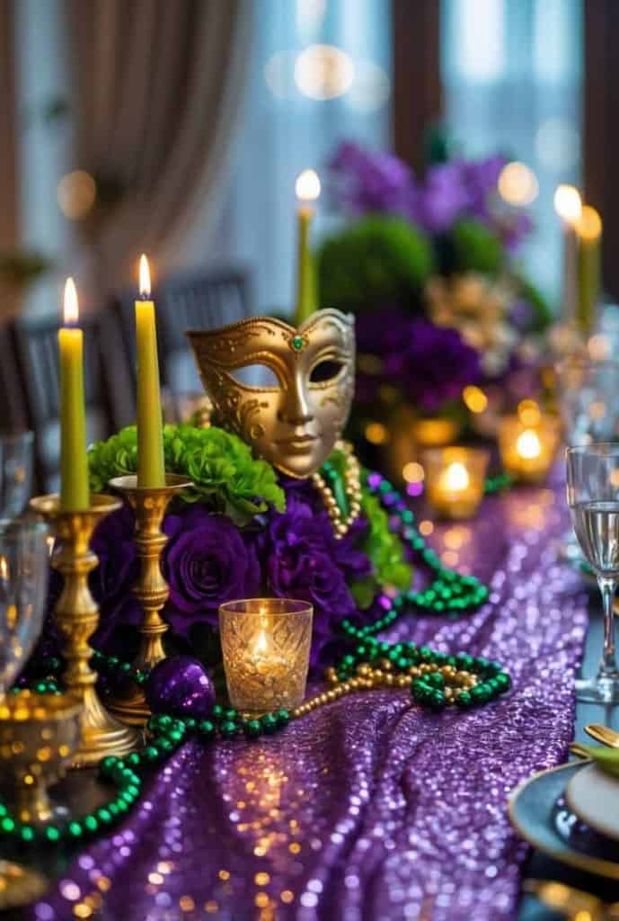 A festive table setting with green candles, gold mask, green and purple beads, flowers, and glittery purple tablecloth, evoking a Mardi Gras theme.