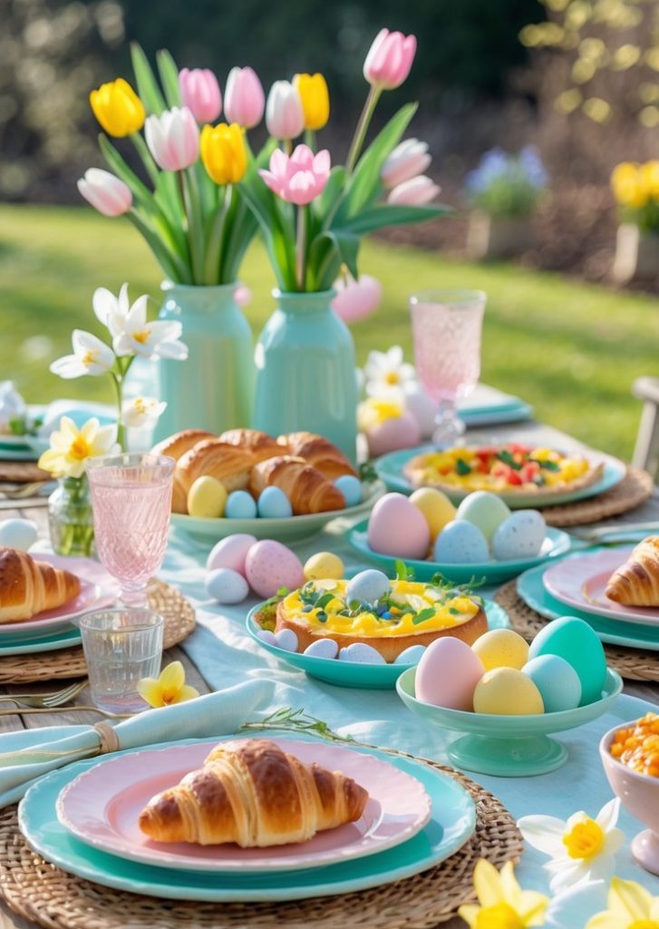 A spring outdoor table setting with croissants, pastel-colored Easter eggs, tulips in vases, and various breakfast dishes on pastel plates.