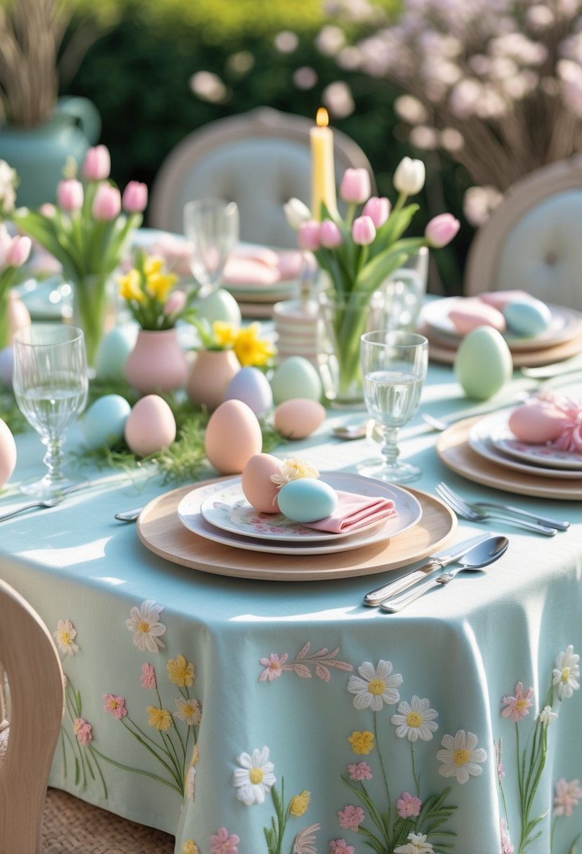 A beautifully set Easter brunch table with a pastel embroidered tablecloth, spring flowers, plates, glassware, and decorative eggs.