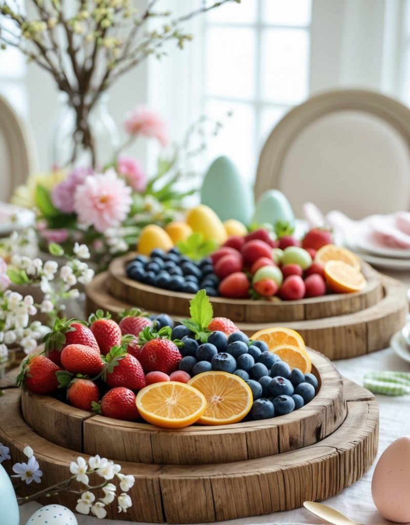 A table set with wooden trays holding sliced oranges, strawberries, blueberries, grapes, and decorative eggs, with flowers and pastel-colored tableware.