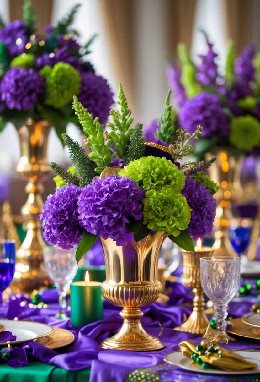 Tables decorated with fresh purple and green flowers in gold vases arranged for a Mardi Gras celebration.