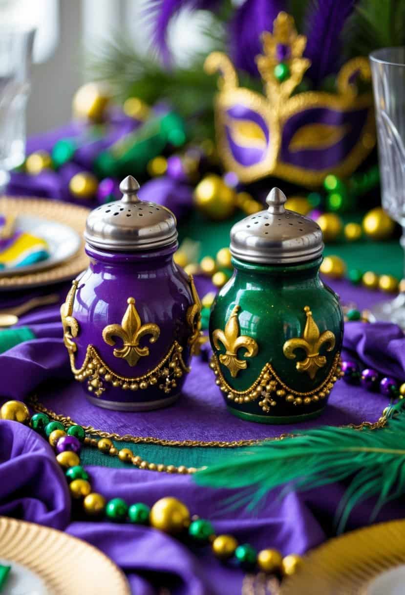 A festive Mardi Gras table setting with colorful salt and pepper shakers surrounded by beads, masks, and decorative feathers.