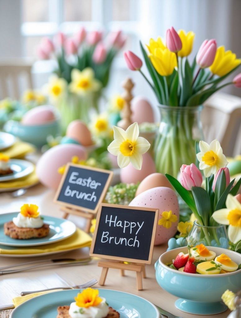 A spring-themed brunch table with pastel dishes, fresh flowers, Easter eggs, and small chalkboard signs reading "Easter brunch" and "Happy Brunch.
