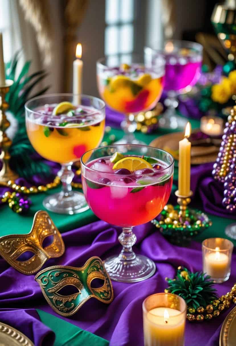 A colorful Mardi Gras table setup with punch bowls, beads, masks, feathers, flowers, and festive decorations.