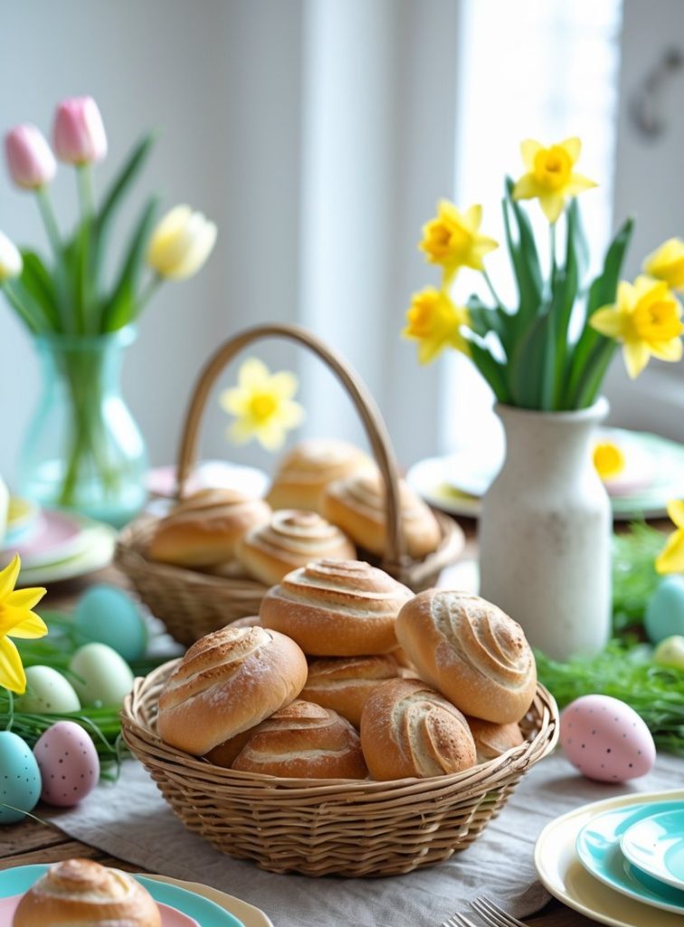 A table set with bread rolls in wicker baskets, decorated with pastel-colored eggs, yellow daffodils, and tulips in vases.
