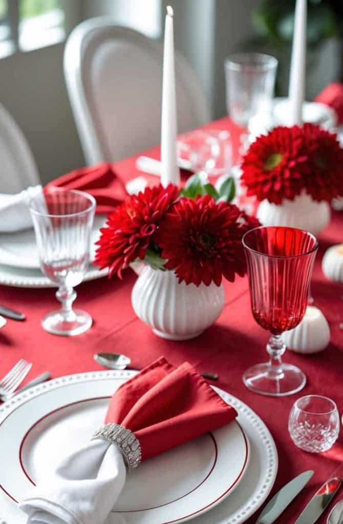 A formal dining table set with red and white plates, red napkins, silver cutlery, red glassware, white vases of red flowers, and tall white candles.