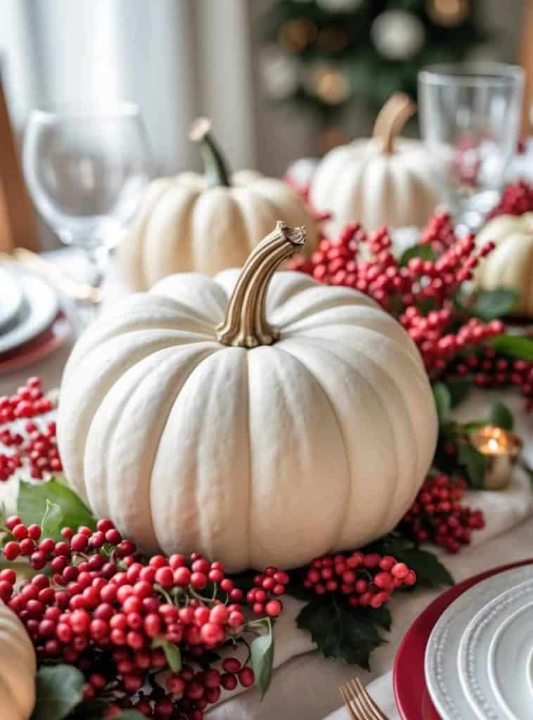 A white pumpkin centerpiece surrounded by red berries and greenery on a festive dining table set with plates, glasses, and candles.