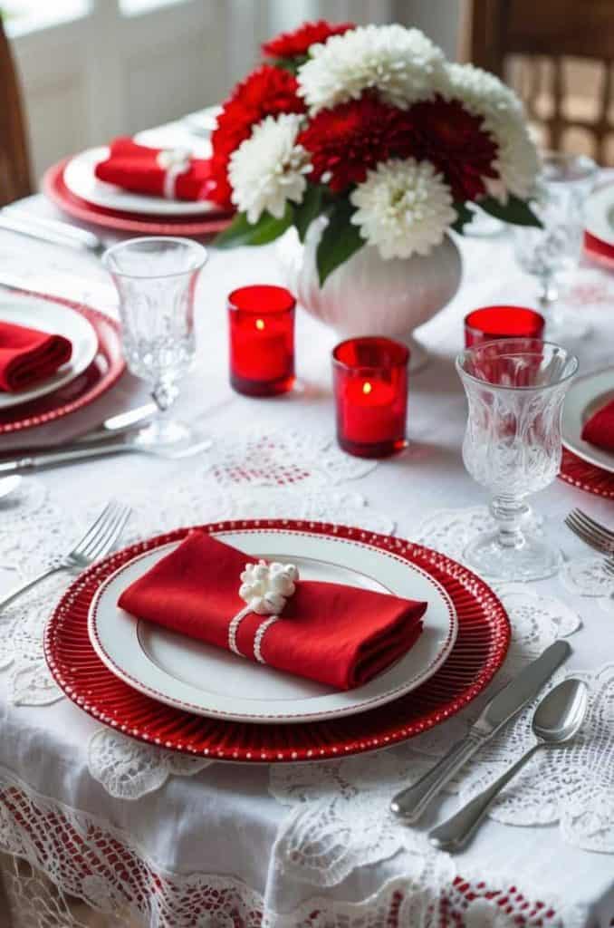 A dining table set with red and white plates, red napkins, silver cutlery, crystal glasses, red candles, and a vase of red and white flowers on a lace tablecloth.