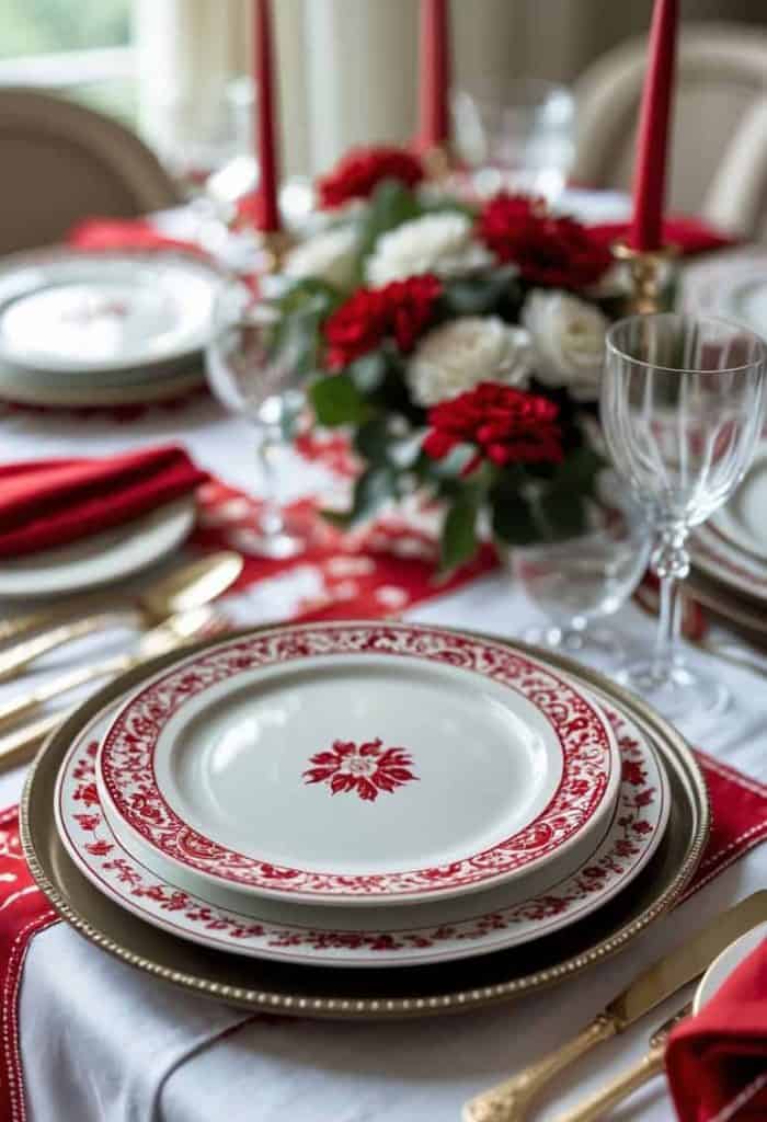 A formal dining table set with red and white patterned plates, gold flatware, red napkins, glassware, and a centerpiece of red and white flowers.