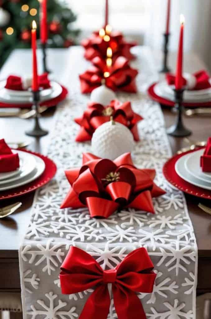 A dining table set for a holiday meal features red bows, white decorative balls, red napkins, and red candles on a white snowflake-patterned table runner.