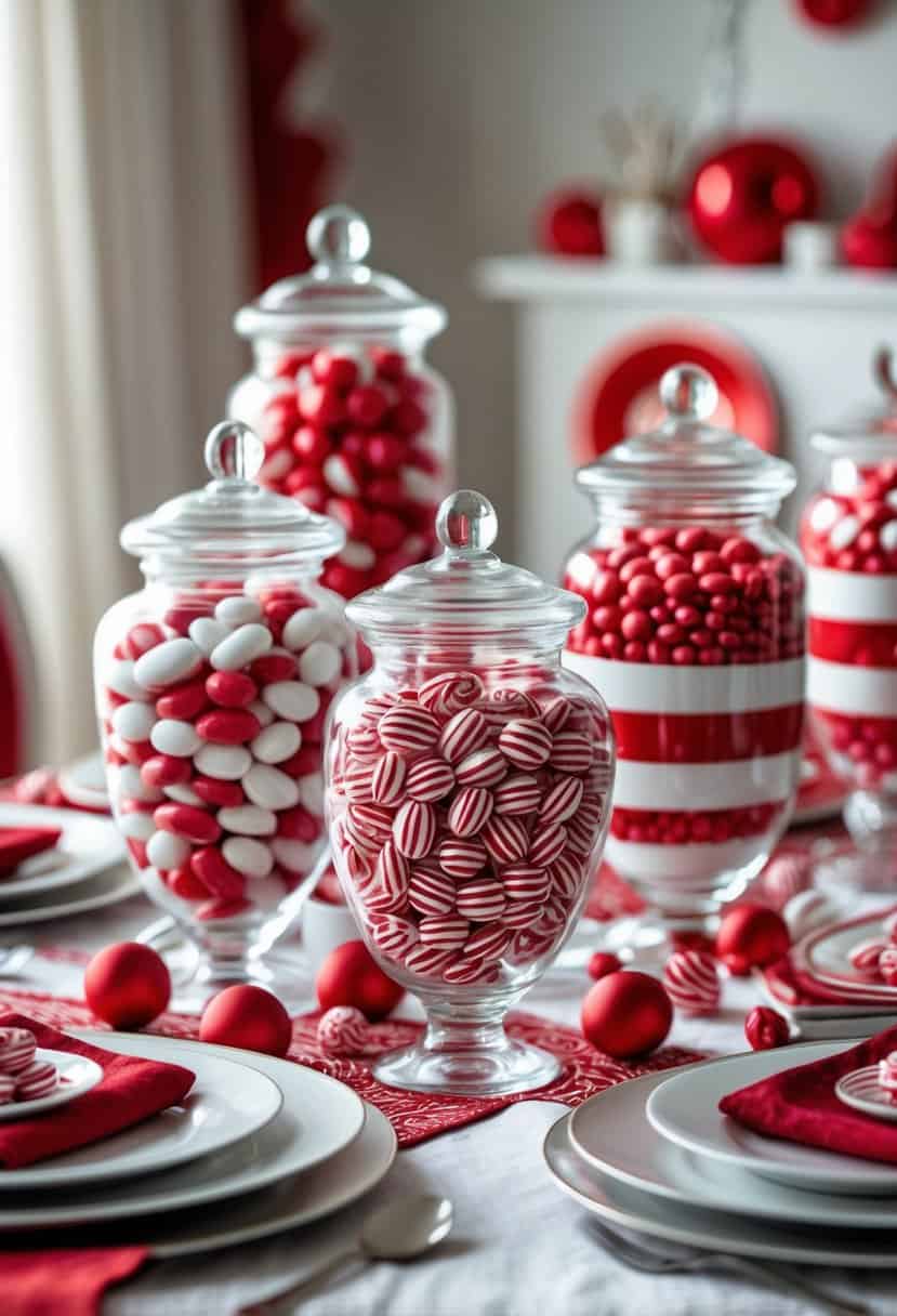 A table set with red and white striped candy jars filled with candies, surrounded by matching red and white decorations.