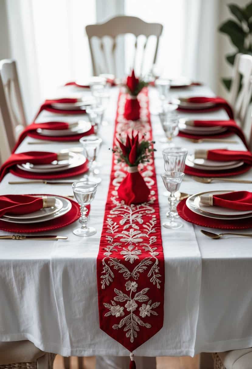A table set with a white linen tablecloth and a red embroidered table runner, featuring red and white plates and napkins.