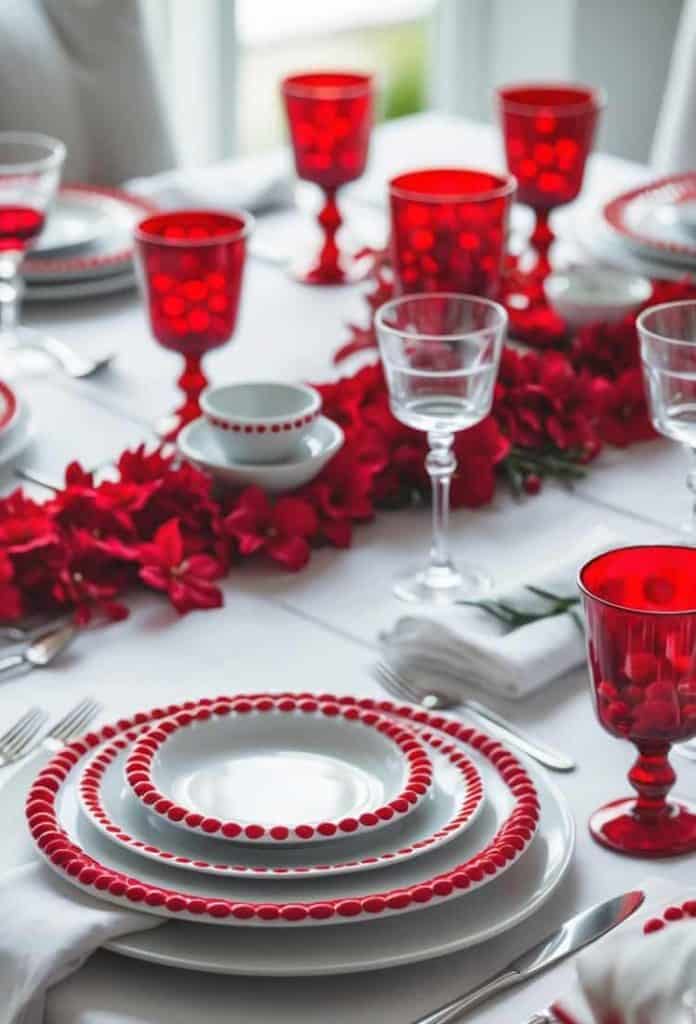 A formal dining table set with white plates featuring red accents, red glassware, white napkins, and a red floral centerpiece on a white tablecloth.