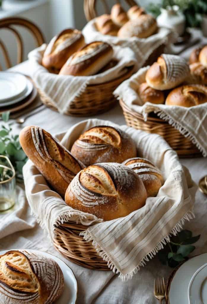 Several baskets filled with artisan loaves of bread are arranged on a table set with plates, cutlery, and napkins.