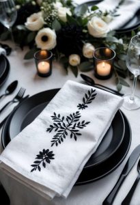 A black plate with a white napkin embroidered with black leaves is set on a table, surrounded by flowers, candles, and glassware for an elegant dining setup.