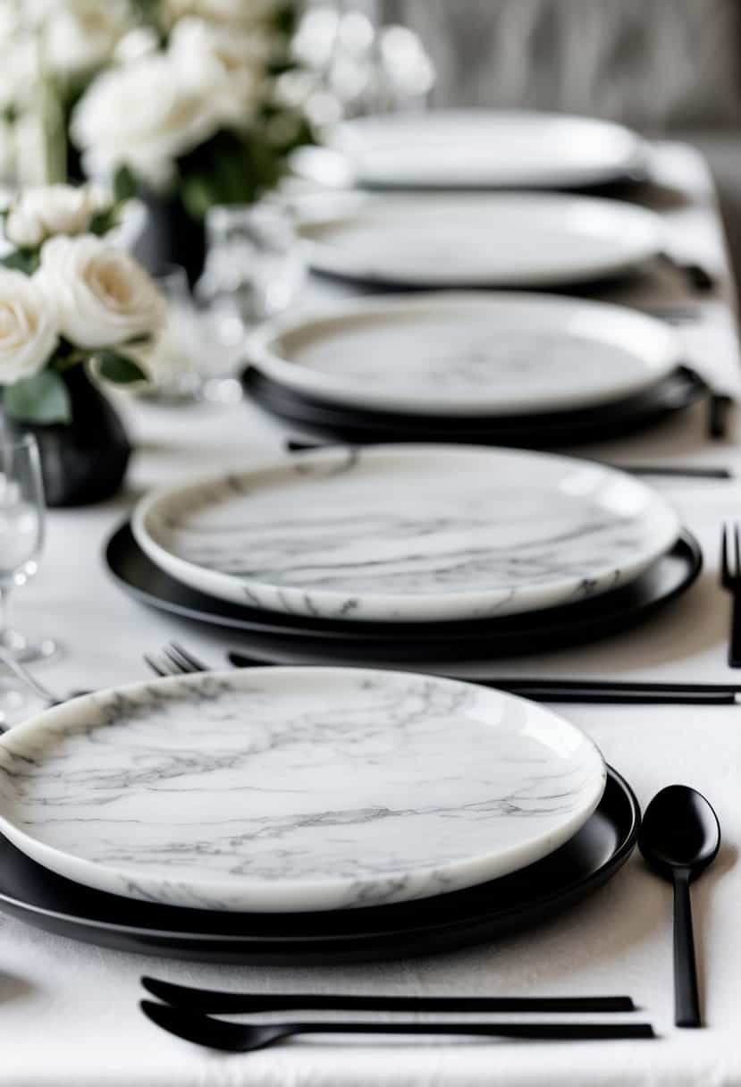 A wedding table with white marble serving platters and black cutlery arranged neatly.