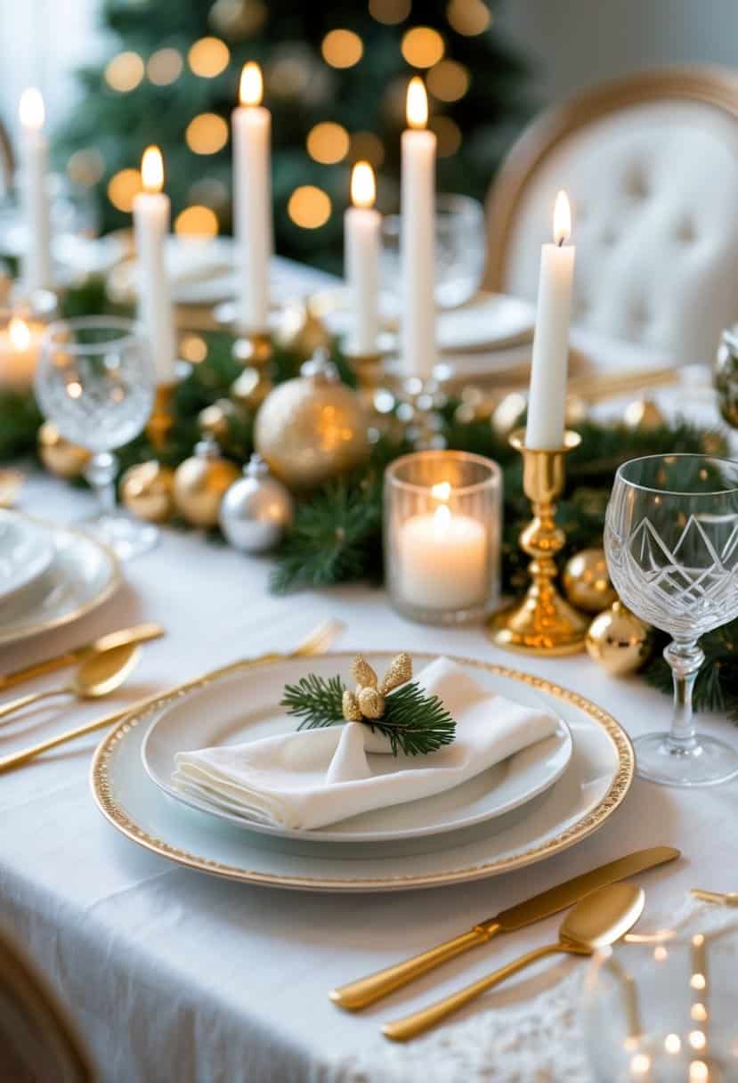 A Christmas table set with white plates, gold cutlery, and lit candles creating a warm festive atmosphere.