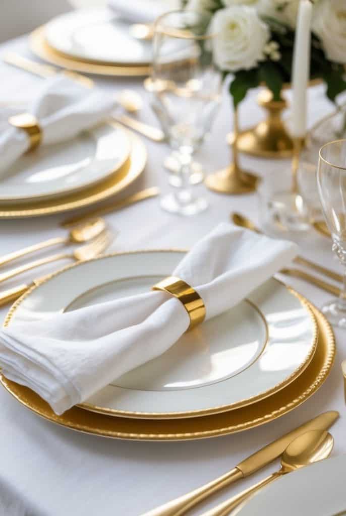 A formal dining table set with white plates, gold cutlery, white napkins with gold rings, and a floral centerpiece.