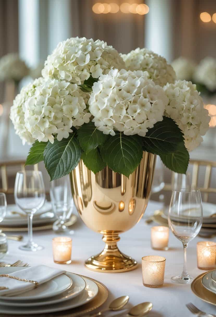 A table with a centerpiece of white hydrangeas in a gold vase surrounded by white and gold table settings.