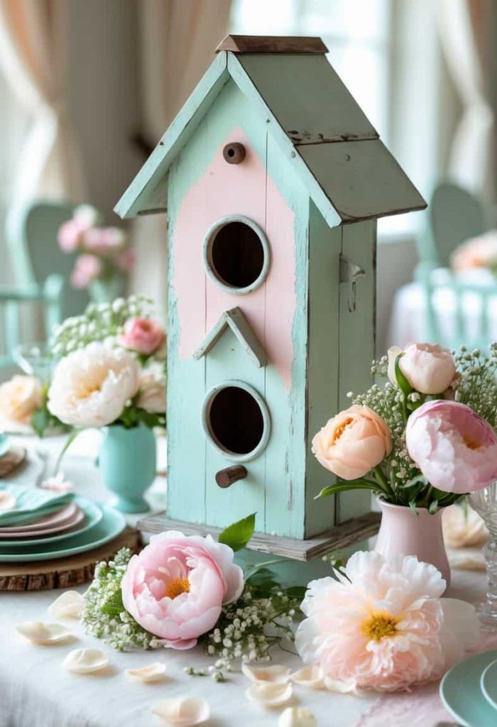 Colorful pastel birdhouse centerpiece with peony and floral accents for spring or wedding decor.