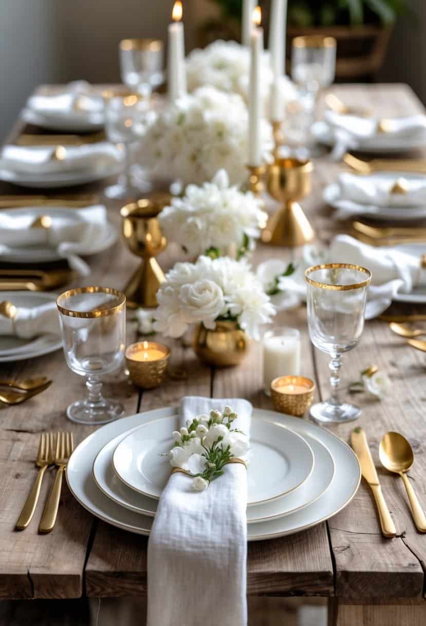 A rustic wooden table set with white plates, gold cutlery, white napkins, gold-rimmed glasses, white flowers, and candles arranged neatly.