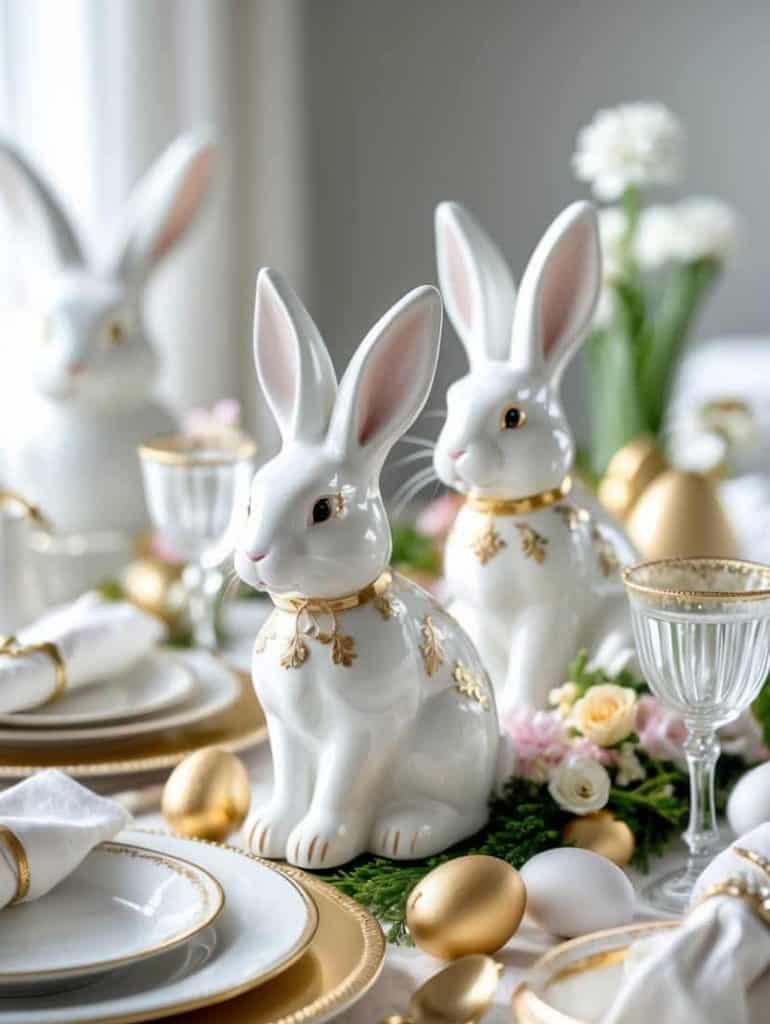 Table set with white and gold dishes, crystal glasses, decorative porcelain bunnies, gold eggs, and fresh flowers, creating an elegant spring or Easter theme.
