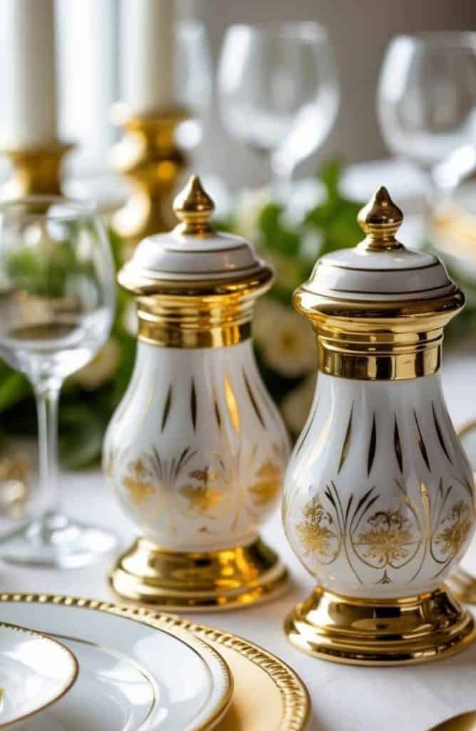 Two ornate gold and white porcelain salt and pepper shakers are placed on an elegantly set dining table with matching gold-rimmed plates and cutlery.