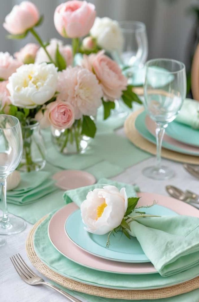 Elegant pastel-colored table setting with floral centerpiece, perfect for bridal showers or garden parties, featuring soft pink, mint green, and blush tones.