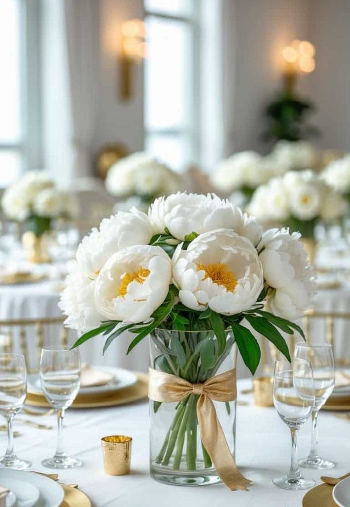 A glass vase with white peonies and a gold ribbon sits on an elegantly set table with gold accents, glassware, and white floral arrangements in the background.