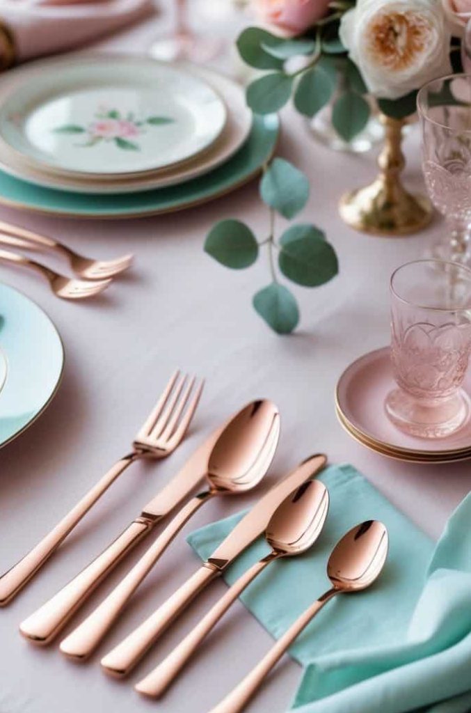 Elegant rose gold flatware set arranged with pastel tableware and floral centerpiece for a sophisticated dining experience. Perfect for weddings, special occasions, or stylish brunch settings.