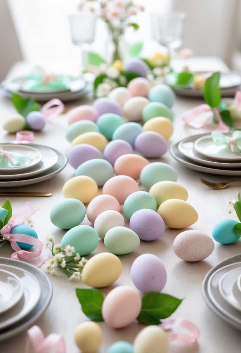 A table decorated with 50 small pastel-colored Easter eggs arranged among green leaves and white flowers.