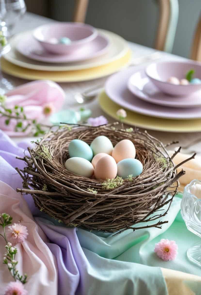 A bird’s nest with pastel-colored faux eggs placed on a pastel tablecloth surrounded by flowers and tableware.