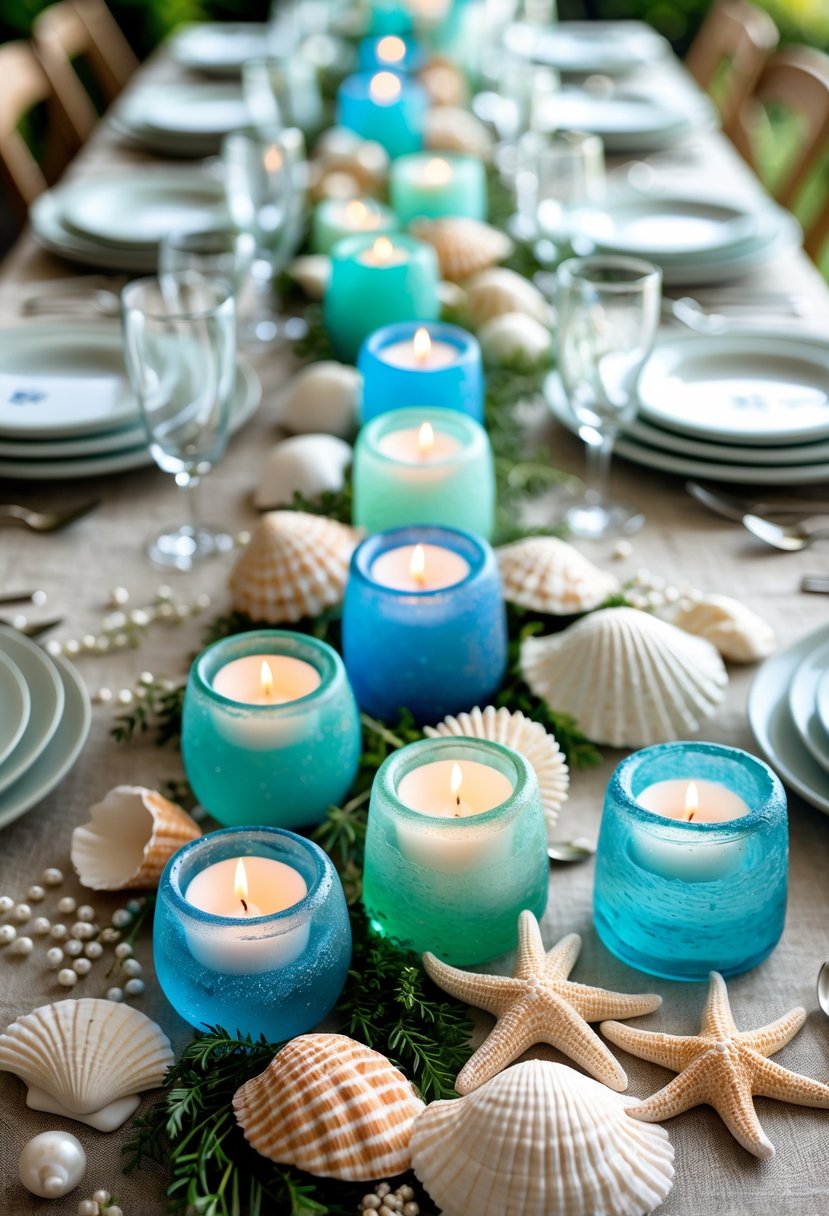 A tablescape featuring sea glass votive holders surrounded by seashells, starfish, coral pieces, and pearls on a linen-covered table.