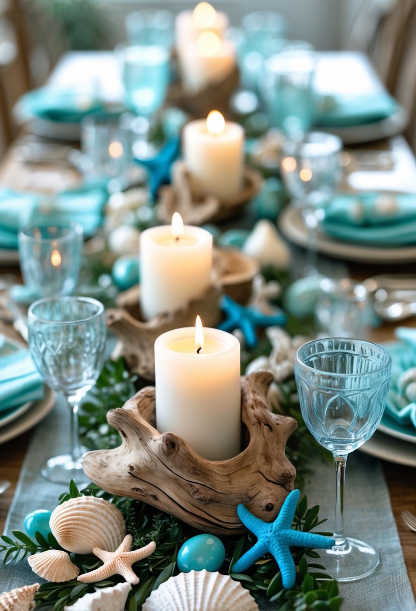 A table set with driftwood candle holders, seashells, starfish, and blue-green decorations creating a mermaid-inspired ocean-themed tablescape.