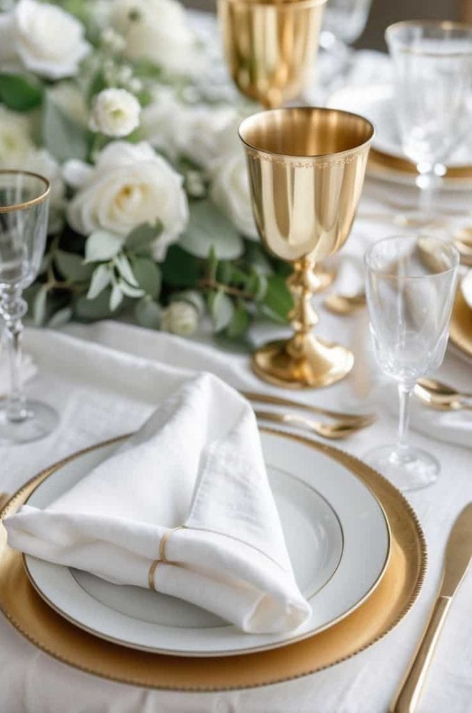 A formal table setting with white plates on gold chargers, gold flatware, gold goblets, clear glasses, a folded white napkin, and a centerpiece of white roses and greenery.