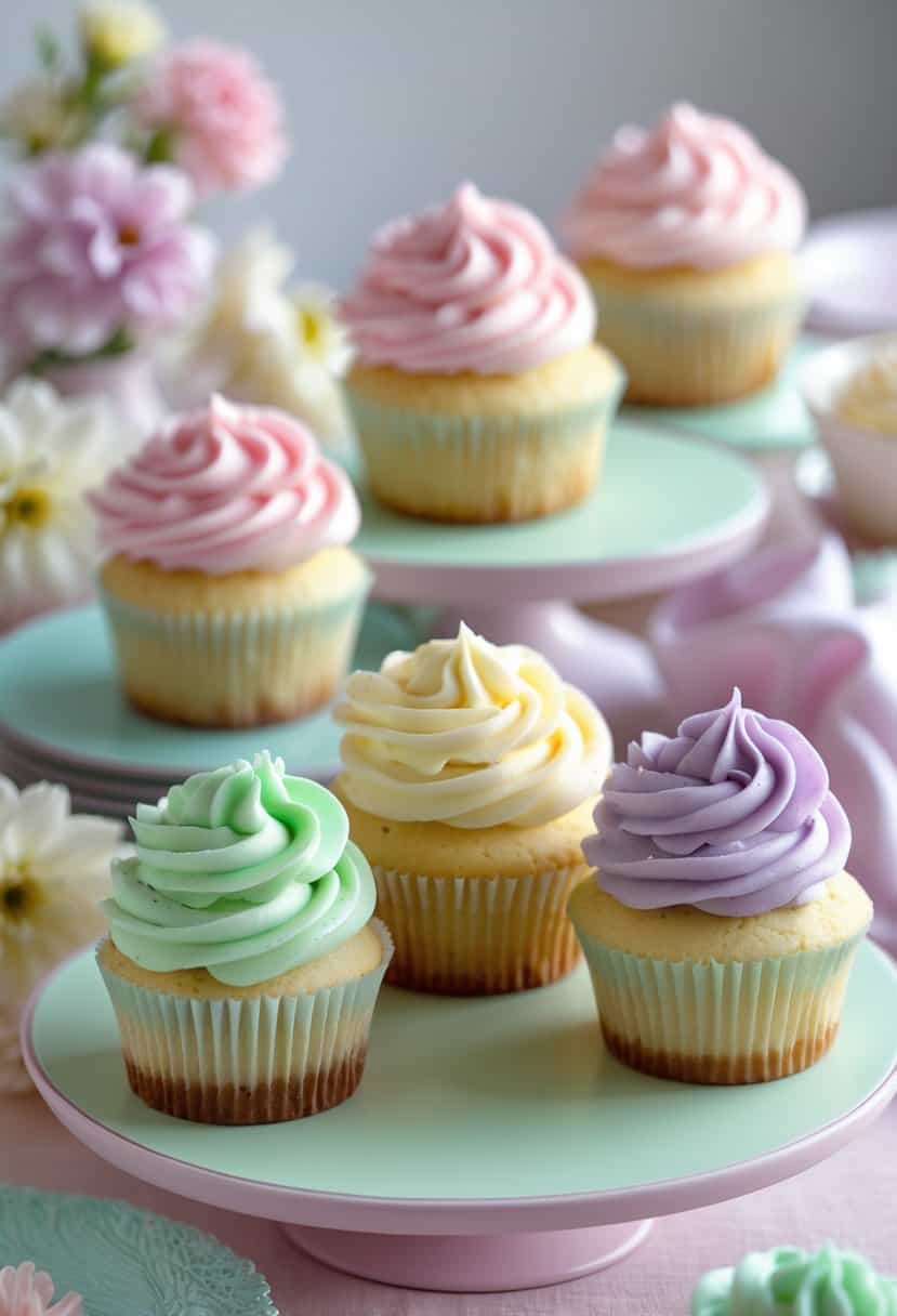 Close-up of buttercream swirl cupcakes on pastel-colored platters arranged on a pastel-themed table.
