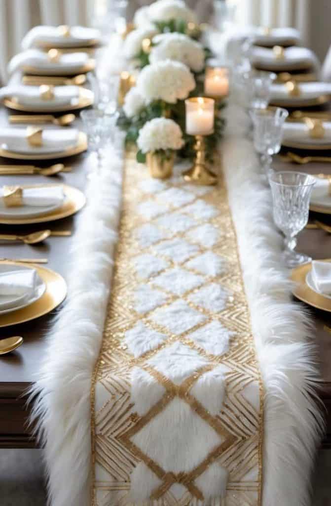 A formal dining table is set with white and gold plates, crystal glasses, and a white faux fur table runner with gold accents, adorned with white flowers and candles.