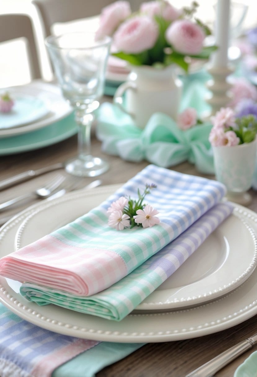 A table set with pastel gingham napkins, plates, glassware, and simple cutlery arranged neatly on a wooden table.